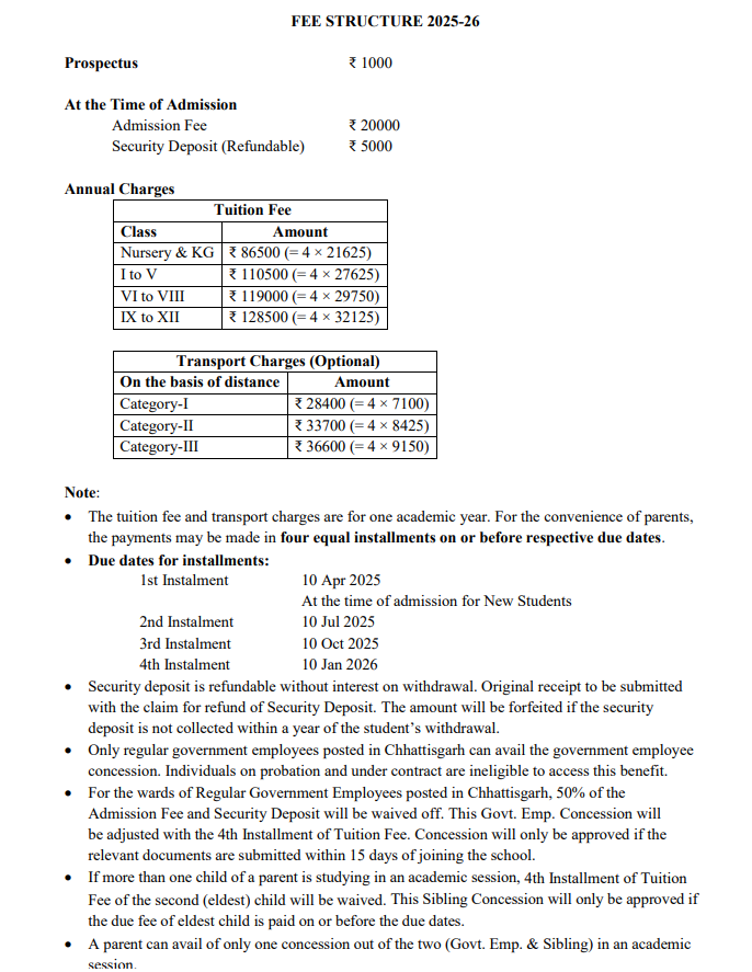 Fee Structure of DPS Raipur