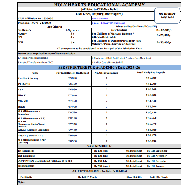 Fee Structure - Holy Hearts Educational Academy